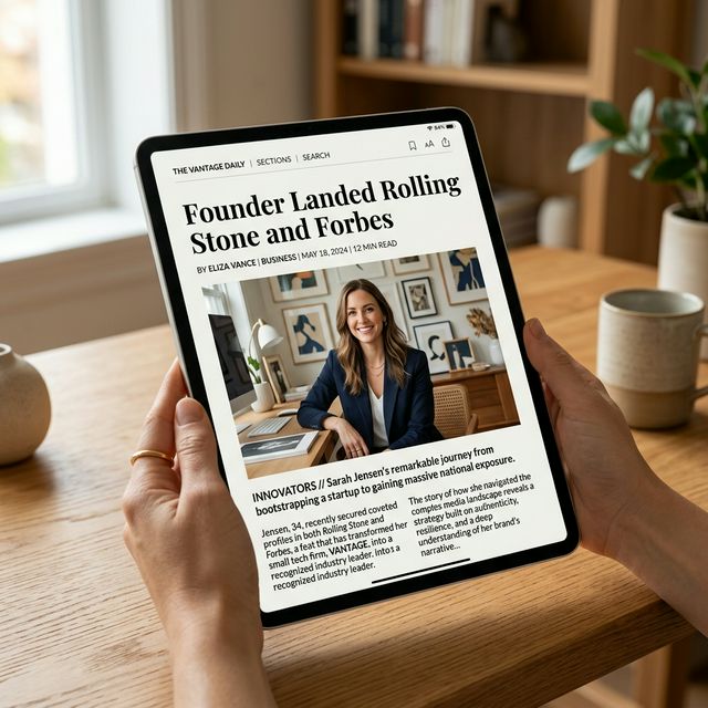 A creator reviewing press coverage on a tablet